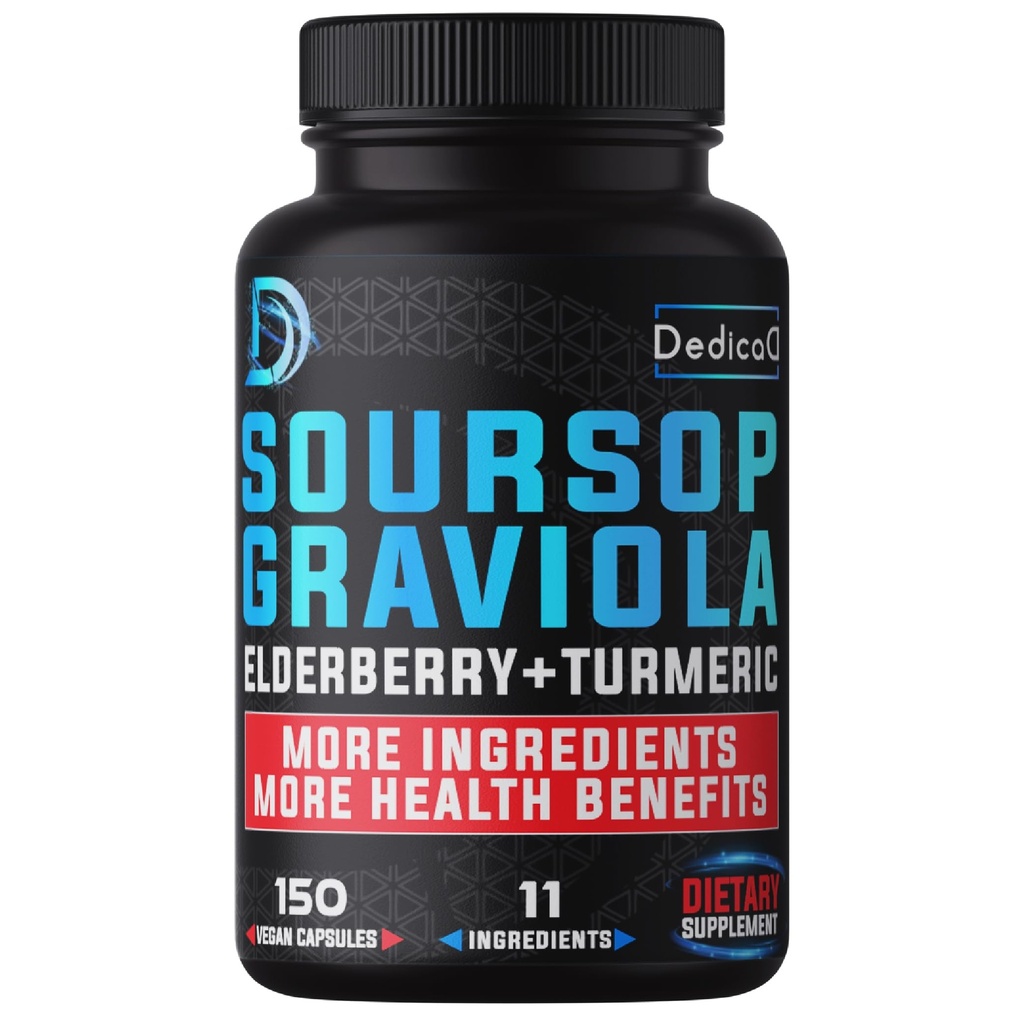 11in1 Graviola Soursop Capsules for 5 Months Supply with Soursop Fruit, Elderberry, Turmeric, Ginger, Milk Thistle, Cranberry &amp; More - Mood, Immune & Body Health - 150 Vegan Capsules