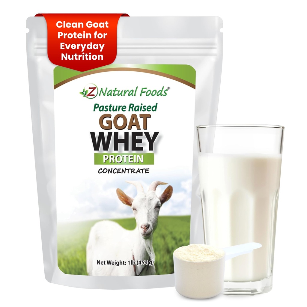 Z Natural Foods Goat Whey Protein Powder Concentrate - Undenatured, Unflavored, Pasture Raised Whey - Pólvora Proteína de Goat limpia con proteínas vitales para la gestión de peso, soporte de inmuno, fitness, 1 lb