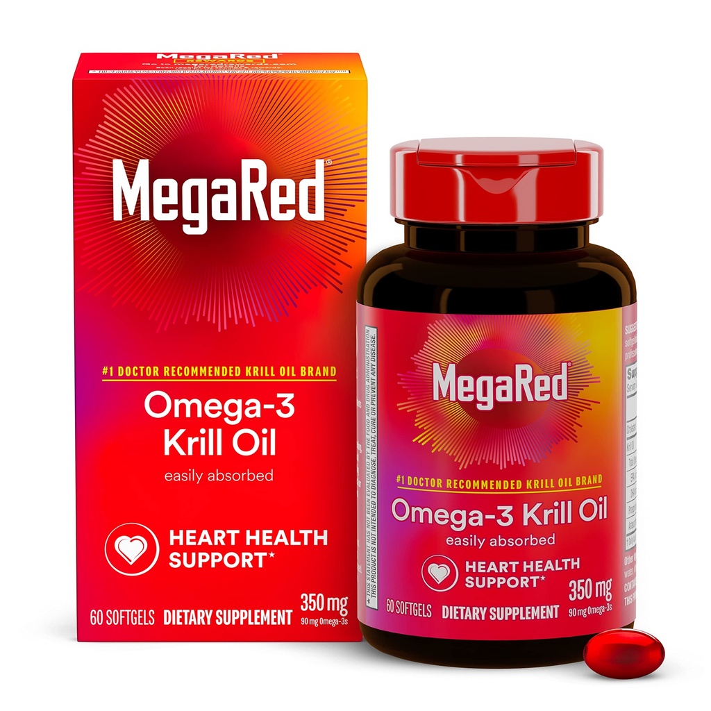 Omega-3 Krill Oil 350mg Softgels, MegaRed (60 Cuenta en una botella), EPA & DHA Omega-3 Ácidos grasos sin sabor a pescado A diferencia del aceite de pescado, contiene astaxante antioxidante
