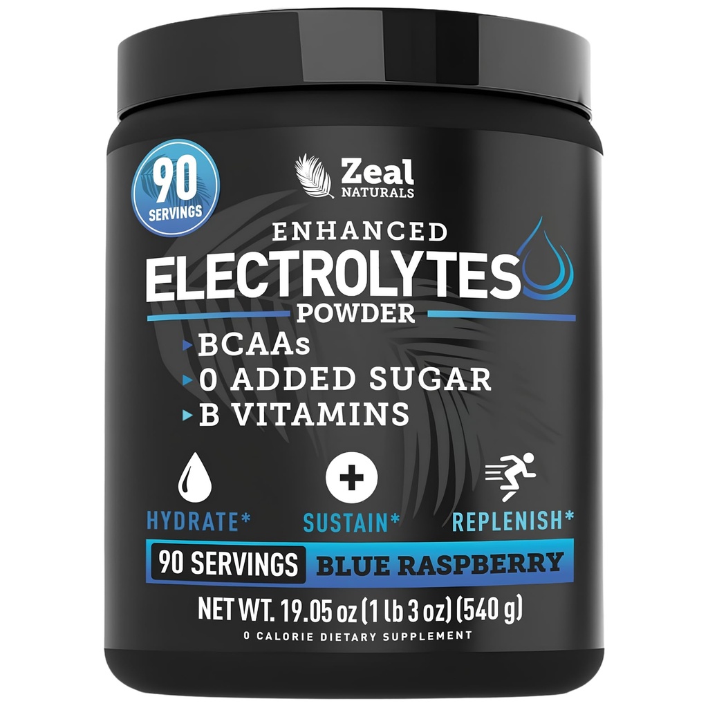 Zeal Naturals Electrolyte Powder Recovery Drink (90 Servings ← Blue Raspberry) w 0 Sugar +BCAAs +B-Vitamins Electrolyte Suplemento w Potassium Zinc &amp; Magnesium for Hydration - Keto Electrolytes