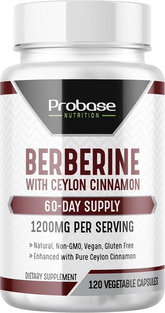 Probase Nutrition Berberine with Cinnamon Extract - Gluten Free and Vegan - 120 cápsulas - 1200 mg por servicio