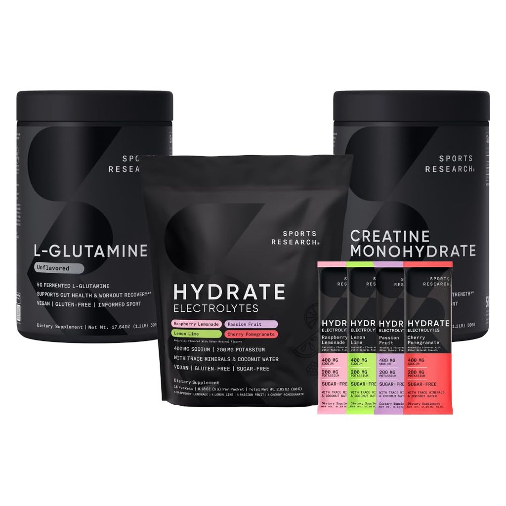 Investigación Deportiva L-Glutamina (1.1 lbs), Electrolitos de Hidrata sin Azúcar 16x Packets de Variedad y Monohidrato de Creatina (1.1 lbs)