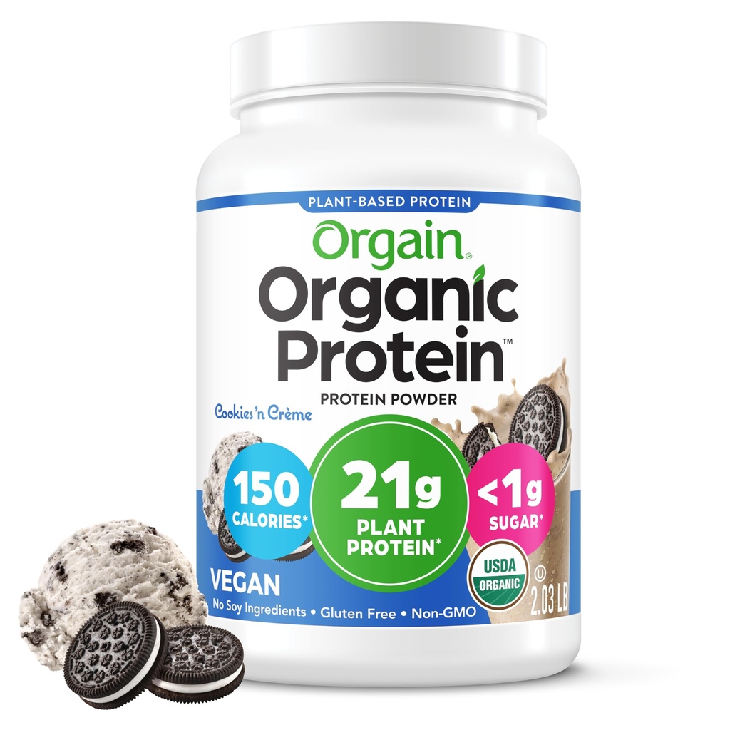 Orgain Orgain Pólvora de proteínas orgánicas, Cookies " Crema - 21g Proteína de base vegetal, fibra prebiótica de 7g, carbohidratos de baja red, sin ingredientes de lactosa, sin azúcar añadido, no fumador, para sacudidas " , 2,03 lb
