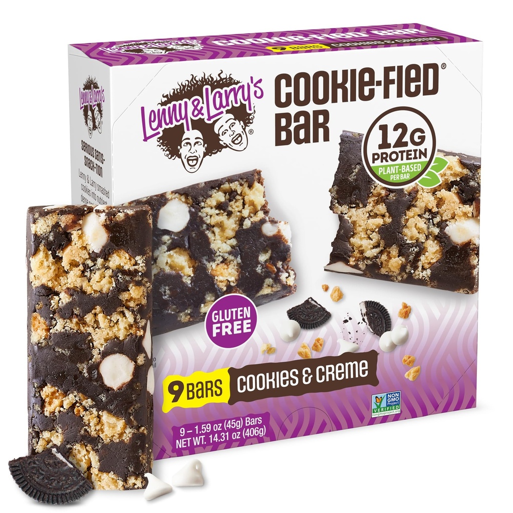 Lenny &amp; Larry's Cookie-fied Protein Bar – Cookies &amp; Creme Vegan Protein Bares 9x45g – Snacks saludables con 12g Plant Protein & 5g Fiber – Gluten free Power Bar, Keto Friendly, Non-GMO & Vegan