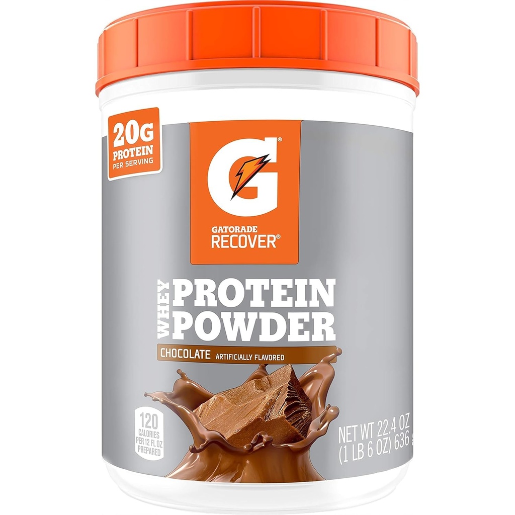 Gatorade Whey Protein Powder, Chocolate, 22.4 Ounce (20 porciones por recipiente, 20 gramos de proteína por por porción)