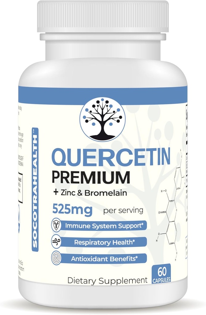 Quercetina Premium con Zinc y Bromelain - Sistema Inmunitario y Soporte de Salud Respiratorio - Beneficios Antioxidantes - Sin gluten - 60 cápsulas Veganas