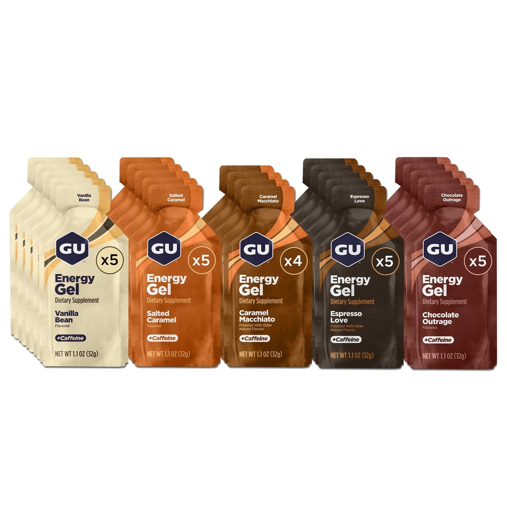 GU Energy Original Sports Nutrition Energy Gel, Vegan, Gluten-Free, Kosher y Dairy-Free On-the-Go Energy for Any Workout, 24-Count, Assorted Indulgent Flavors