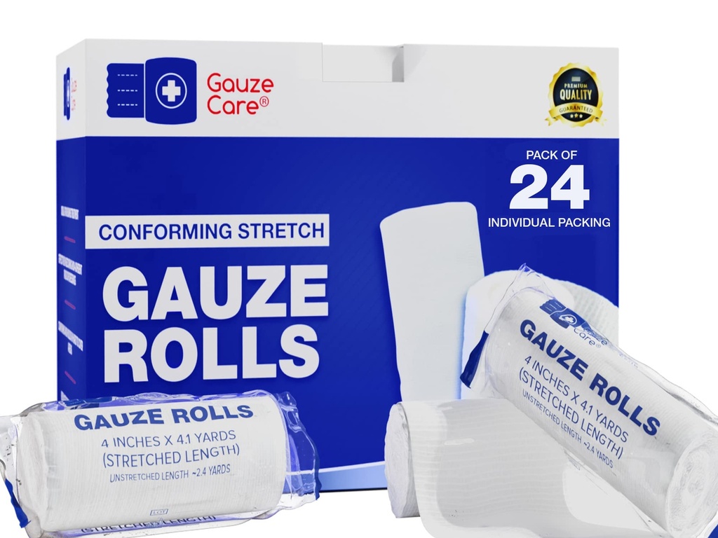 Gauze Rolls Pack de 24 – Premium Quality Lint and Latex-Free 4 pulgadas x 4.1 Yards Conforming Stretch Bandages Designed for Effective Wound Care & Comfort - Ideal para su uso como envoltura de la momia