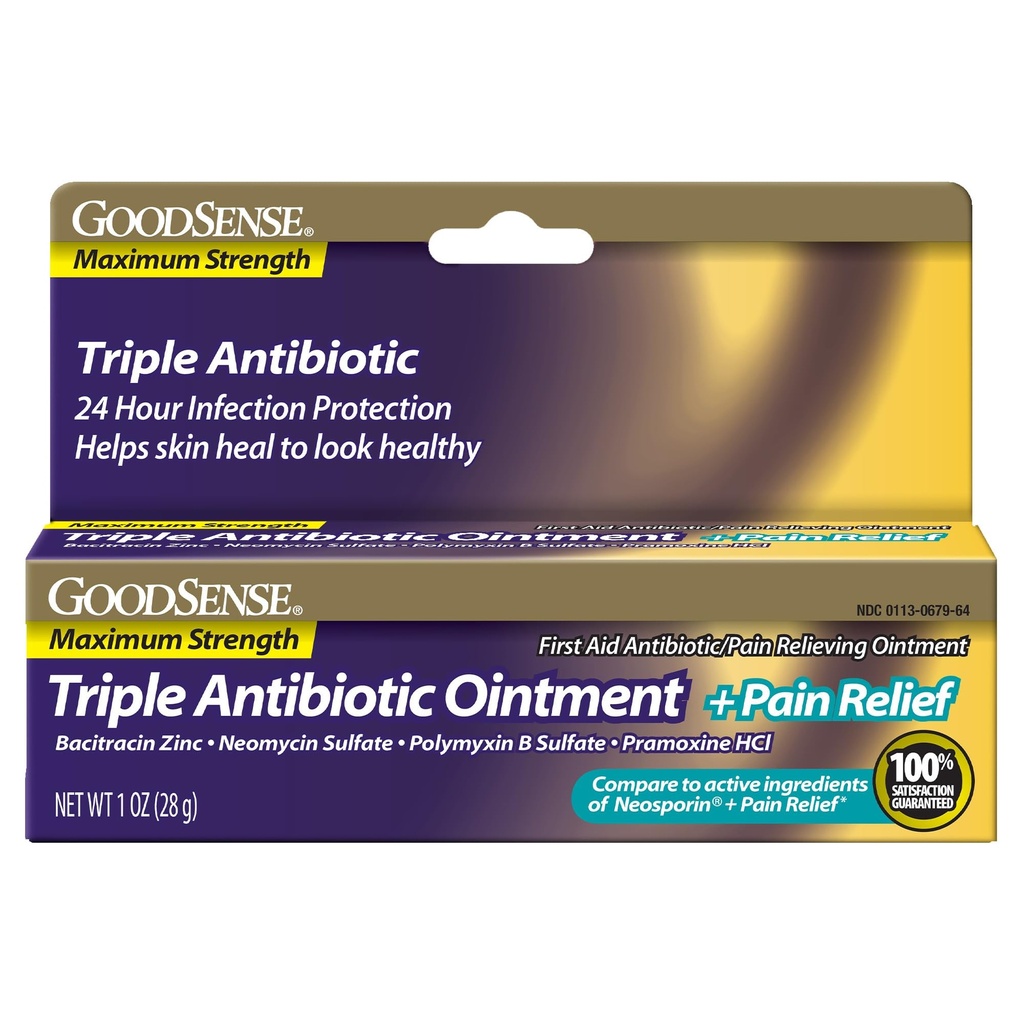 GoodSense Maximum Strength Triple Antibiotic Ointment plus Pain Relief - Soothes Doinful Cuts, Scrapes and Burns, Prevents Infection, First Aid Antibiotic, External Analgesic, 1 oz