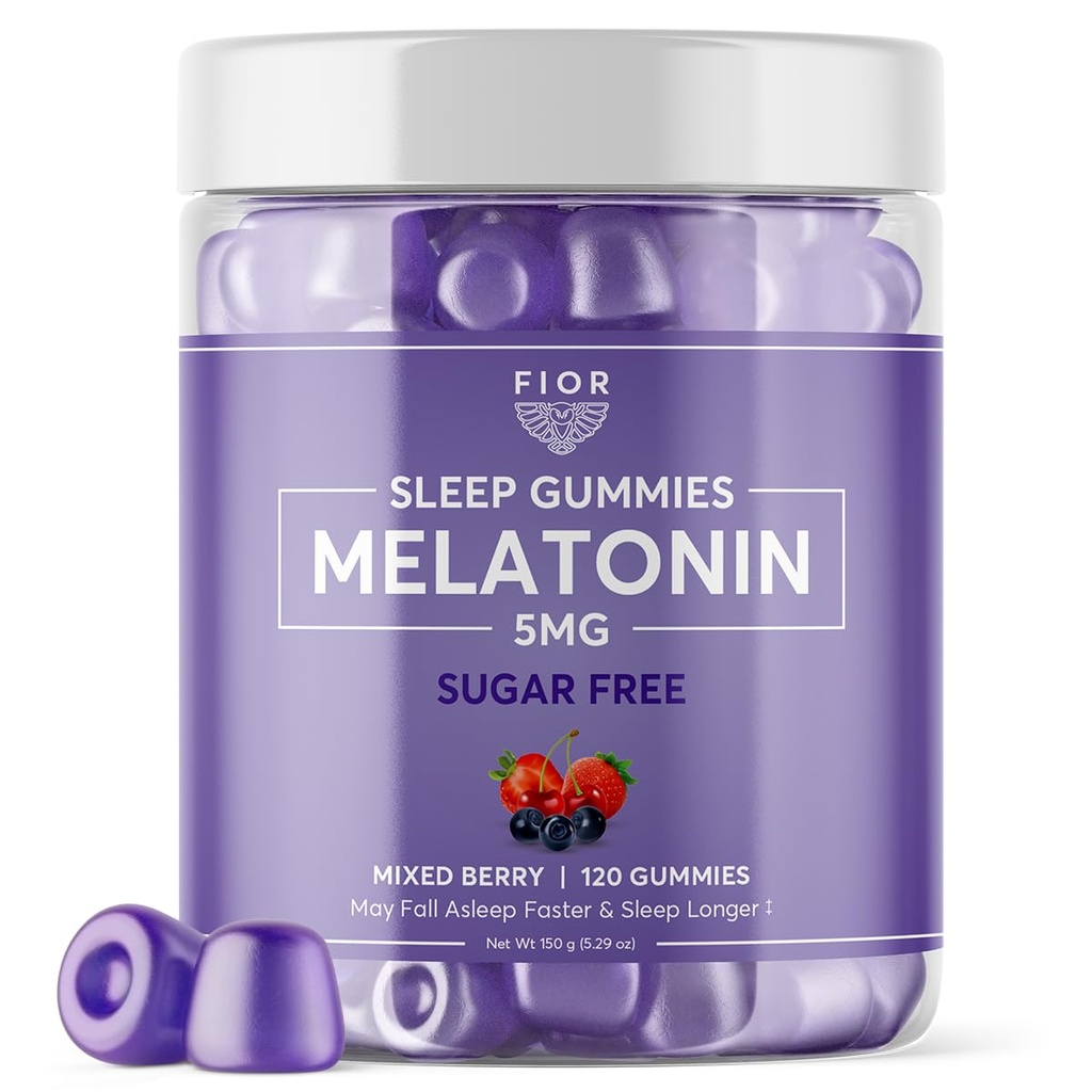 FIOR Sugar Free 120-Count Sleep Aid & Calm Gummies, Melatonin Gummies Sleep Aids for Adults &amp; Kids. Vitaminas Gummy para el sueño. Adultos &amp; Niños Melatonina &amp; L-Theanine Gummies Natural Herbal Sleep Aid.