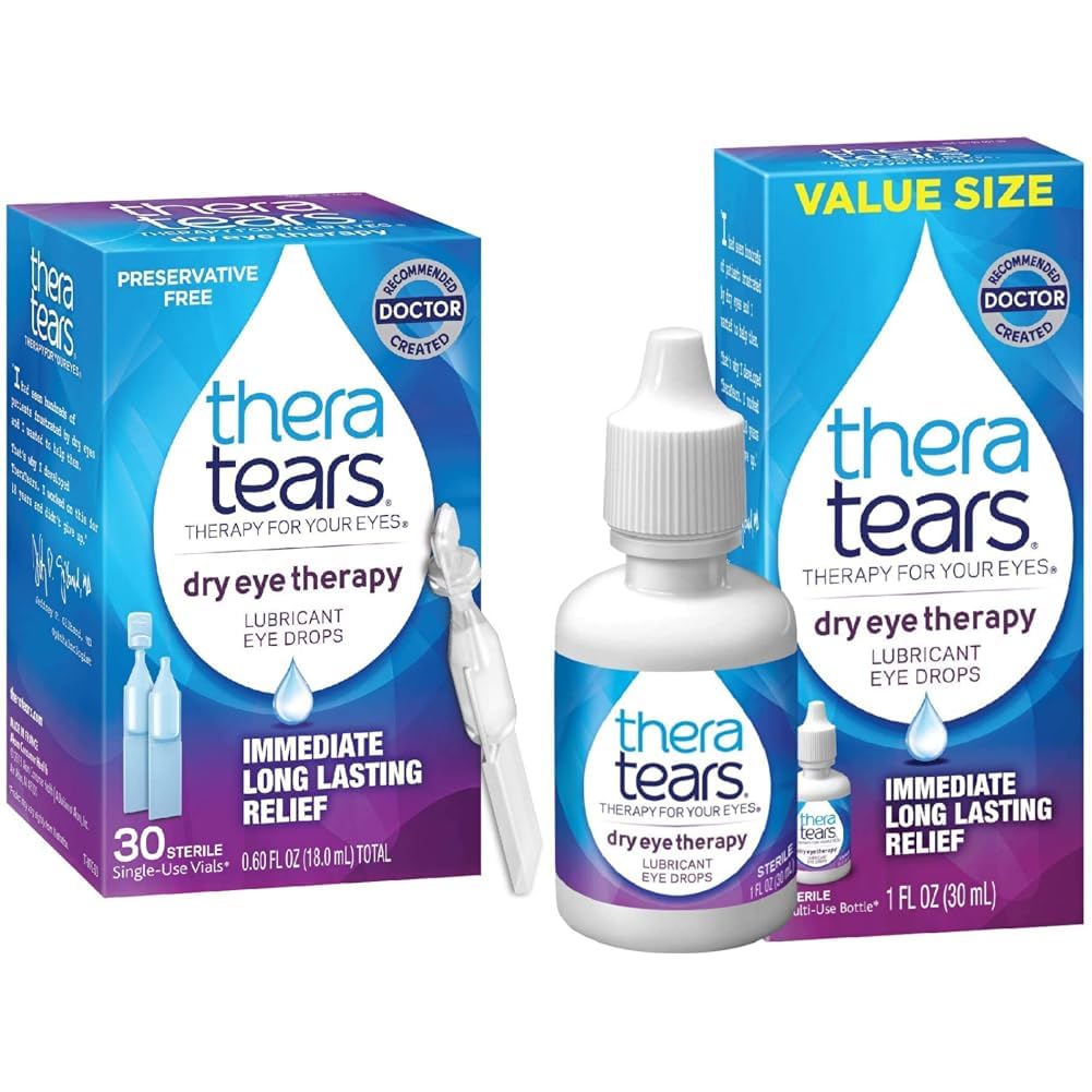 TheraTears Dry Eye Therapy Lubricating Eye Drops for Dry Eyes, Preservative Free Eye Drops, 30 Single-Use Vials " Dry Eye Therapy Eye Drops for Dry Eyes, 1.0 Fl Oz