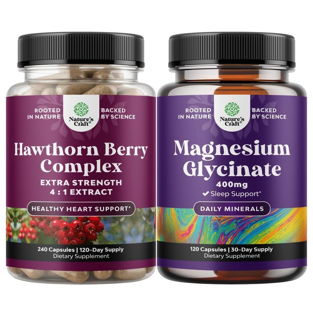 Natures Craft Bundle of Extra Strength Hawthorn Berry Capsules - Extract Digestion and Heart Health Supplement and Pure Magnesium Glycinate 400mg Por Serving for Mood Sleep and Relaxation