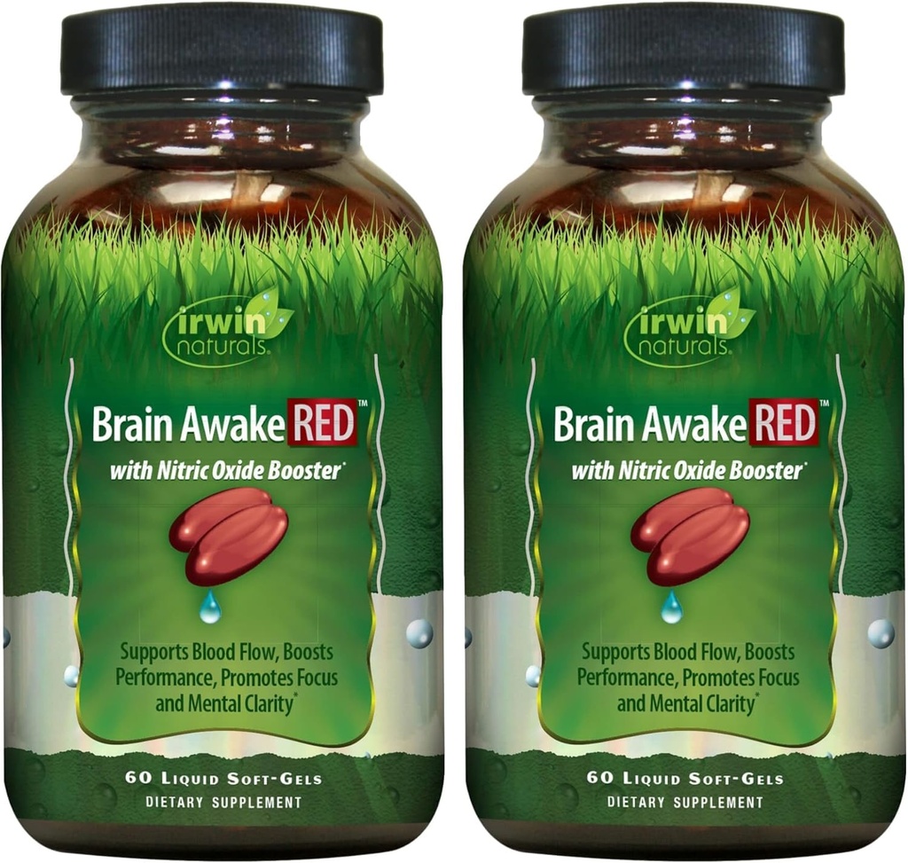 Irwin Naturals Brain Awake RED con Nitric Oxide Booster - 60 Liquid Soft-Gels, Pack de 2 - Asistencia Brain Health & Optimize Performance - 40 Total Servings