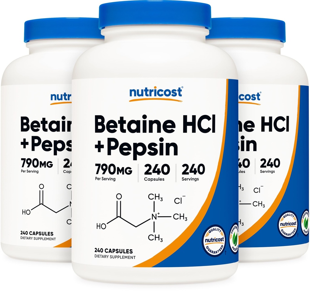 Nutricost Betaine HCl + Pepsin 790mg, 240 cápsulas, 3 botellas (720 cápsulas)