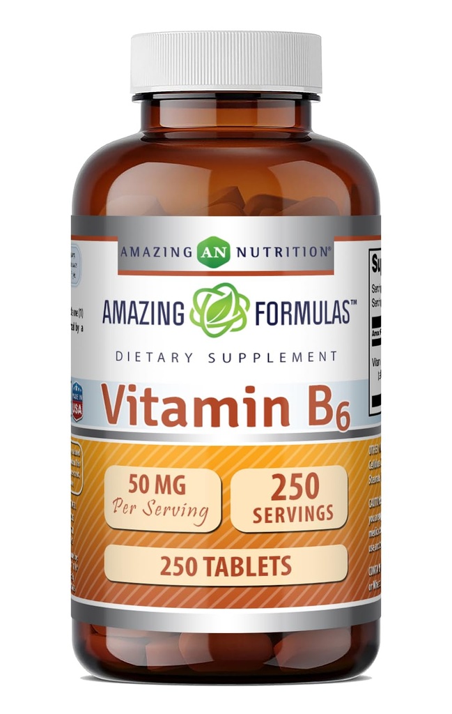 Fórmulas asombrosas Vitamina B6 Piridoxina 50mg 250 Tablets Suplemento No TENIDO Gluten Gratis TENIDO EN USA