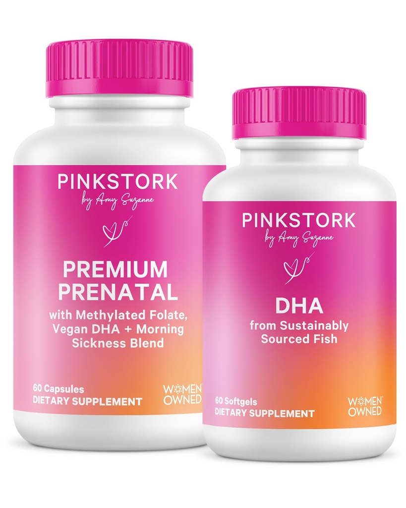 Pink Stork Premium Prenatal Duo: Premium Prenatal Vitamin + DHA, Prenatal Probiotics for Women, Omega 3 + Fish Oil, Prenatal Vitamina con DHA y Folic Acid, Women-Owned
