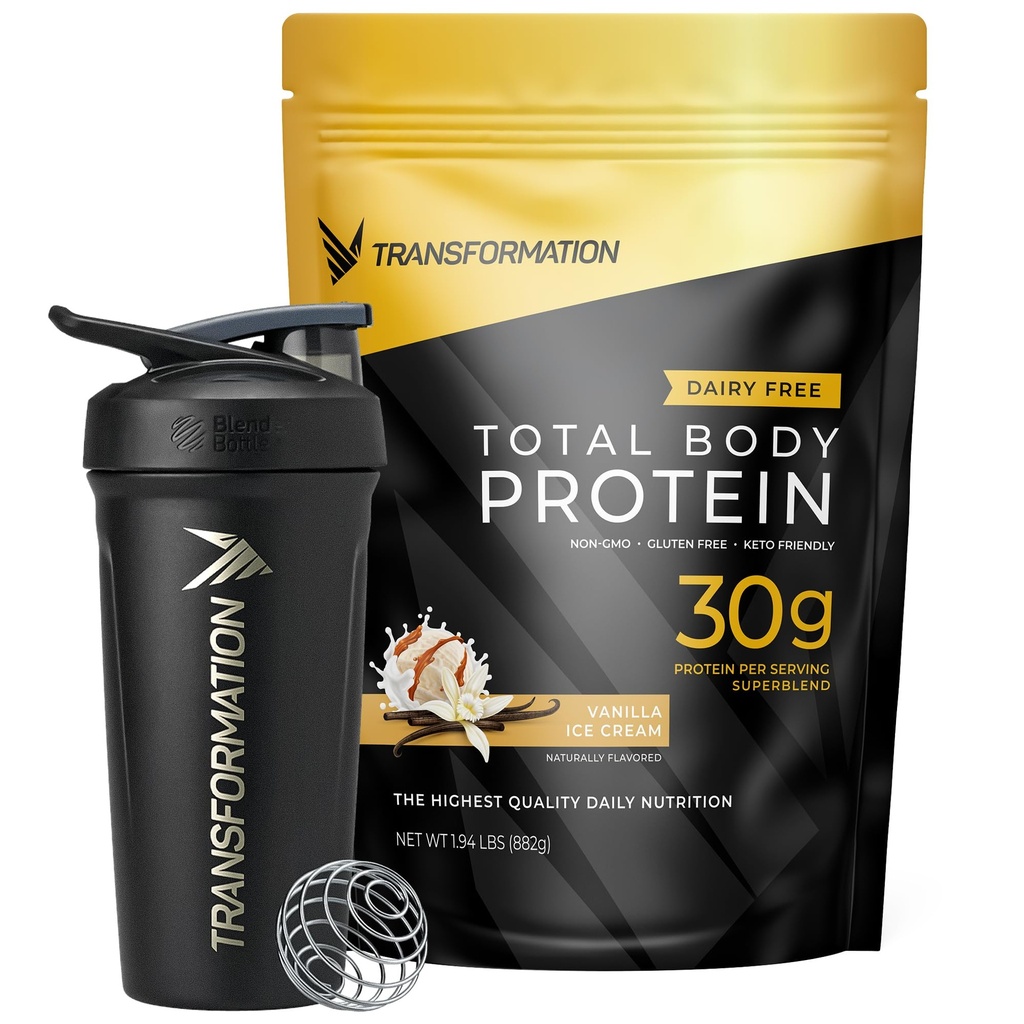 Transformation Vanilla Protein Powder & Performance Insulated Shaker Bottle TEN 30G Multi-Protein Superblend ← Peptides Collagen, Egg White & Plant Blend TEN MCT Oil TEN BCAA Amino Acids