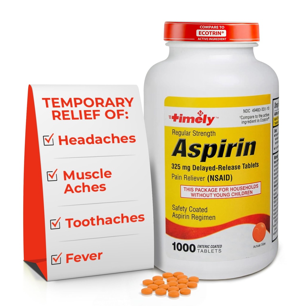 Lágrimas de hora, INC. Aspirina de fuerza regular 325mg - 1000 Tablas de calado en ático - Alimentador de dolor para dolores menores y dolores, Reductor de fiebre - Hecho en EE.UU.