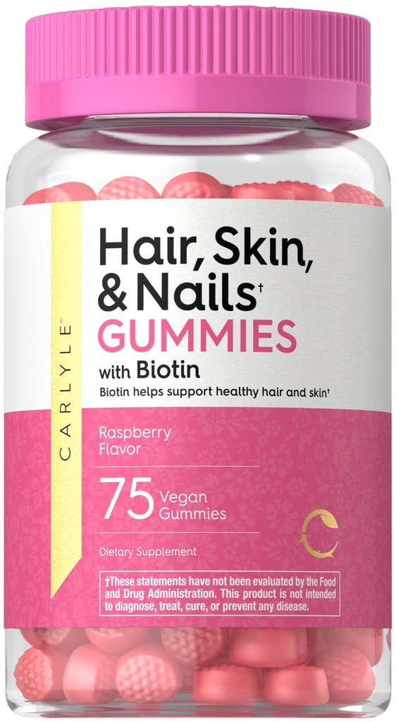 Carlyle Hair Skin and Nails Vitaminas TEN 75 Gummies ← Biotina y Collagen ← Suplemento Gummy para las mujeres TEN Strawberry Flavor ANTE NO GMO, Gluten Free