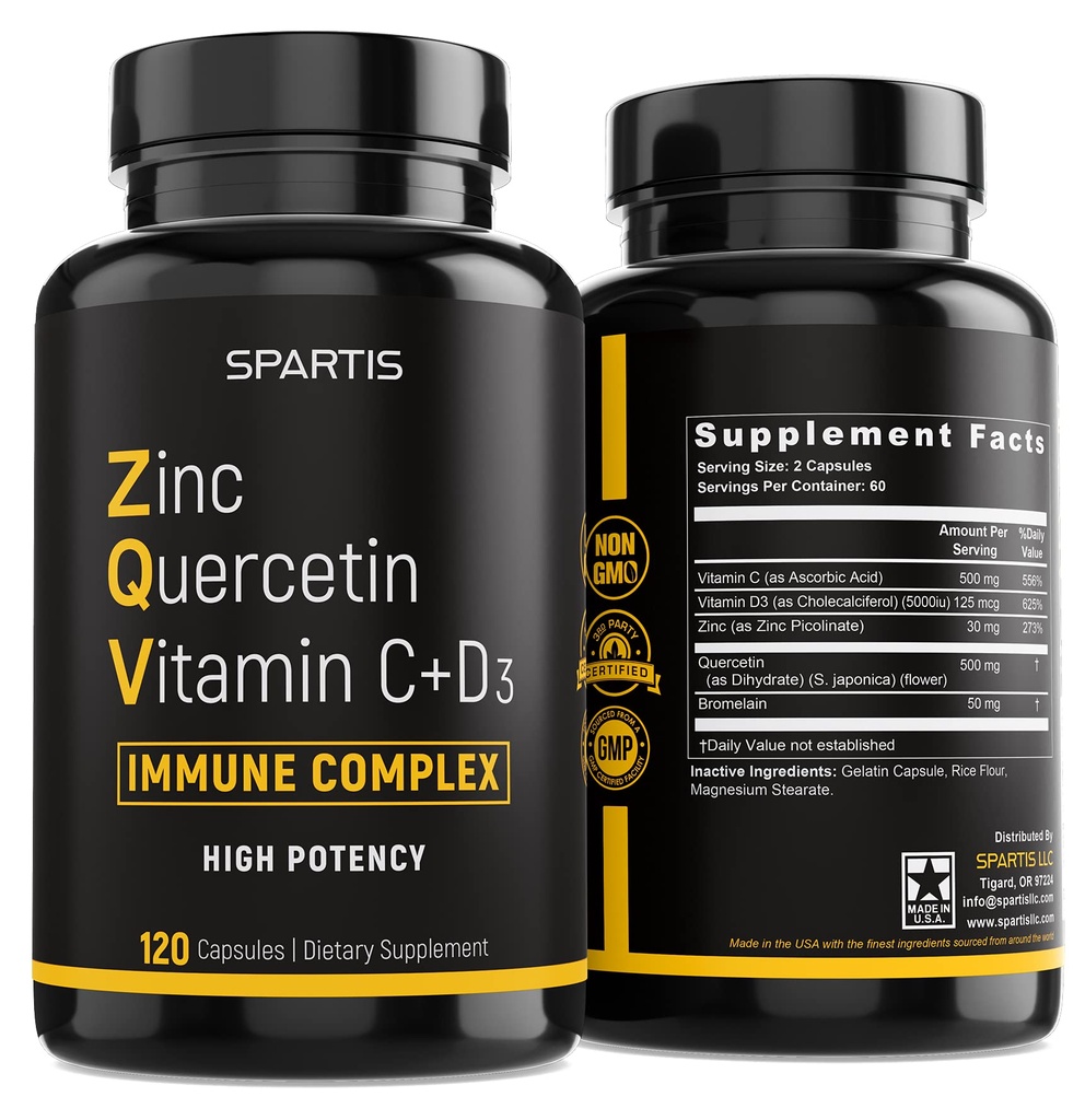 Zinc Quercetina 500mg con vitamina C Vitamina D3 Bromelaina Immune Soporte Alto Potency Quercetin Zinc Suplemento ZQV por SPARTIS (Pack of 1 Bottle at 120-Caps)