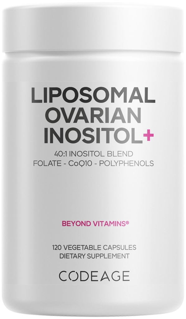 Codeage Liposomal Inositol+ Suplemento - Myo-Inositol & D-Chiro-Inositol 40:1 Blend, Folate 5-MTHF, CoQ10, Pomegranate " Wild Blueberry, Liposomal Delivery, Non-GMO, Gluten-Free - 120 Capsules