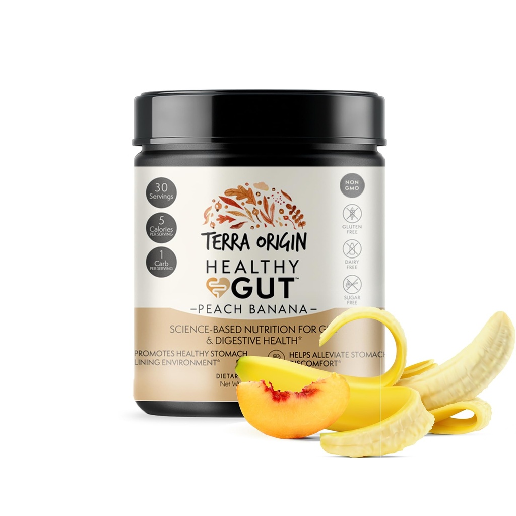 TERRA ORIGIN Saludable Gut Peach Banana ← 30-Servings with L-Glutamine, Zinc, Glucosamine, Slippery Elm Bark, Marshmallow Root y Más!