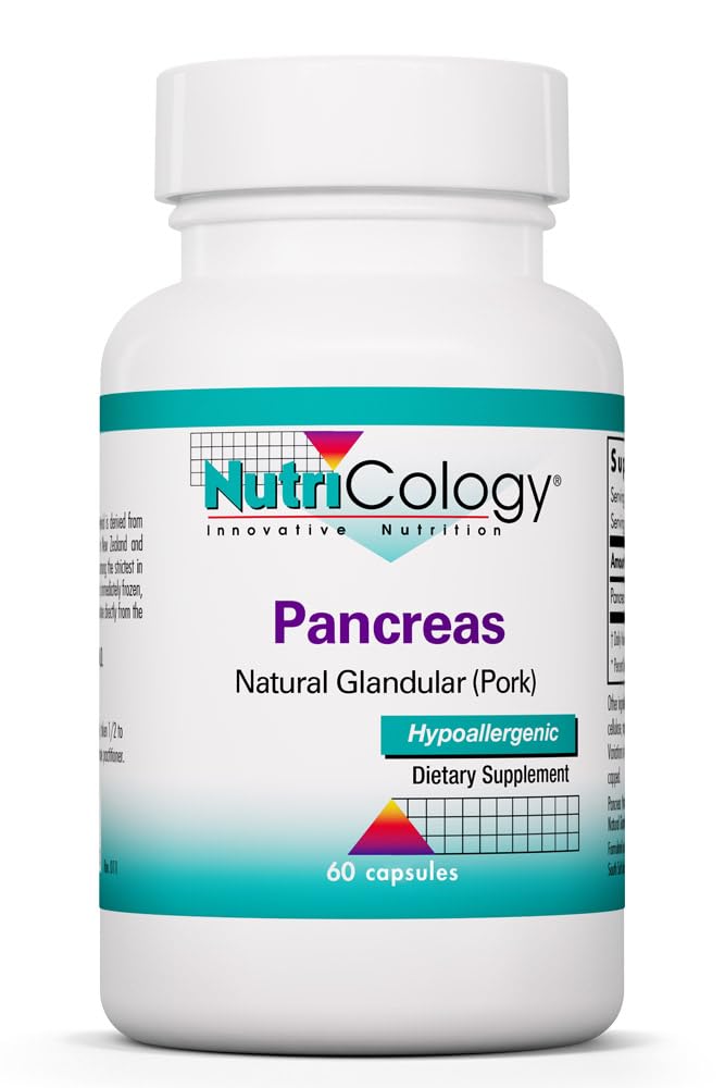 Nutricology Pancreas Pork 425mg Suplemento - Pancreas Natural Glandular, Pancreatic Enzymes, Amylase, Protease, Lipase, Hypoallergenic - 60 Cuenta