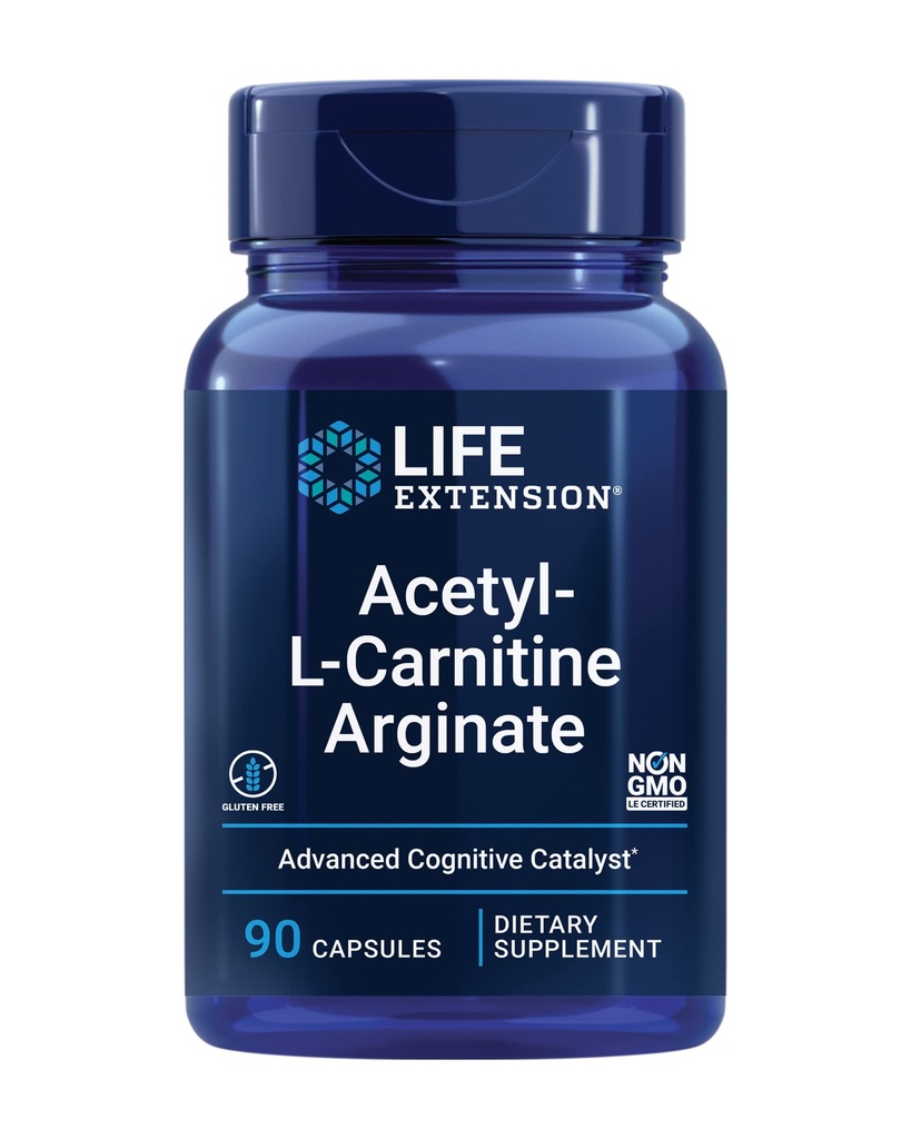 Extensión de vida Acetyl-L-Carnitine Arginate, Advanced Brain & Nerve Health, Cellular Energy Support, Gluten-Free, Non-GMO, 90 cápsulas