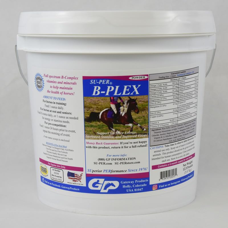 SU-PER B-Plex Powder Equine Vitaminas - Completo B-Complex Horse Vitamins and Minerals Suplemento - Hooves saludables, Células rojas de sangre, Polvo de calma de caballos - 12,5 libras, 6 Month Supply (180 días)