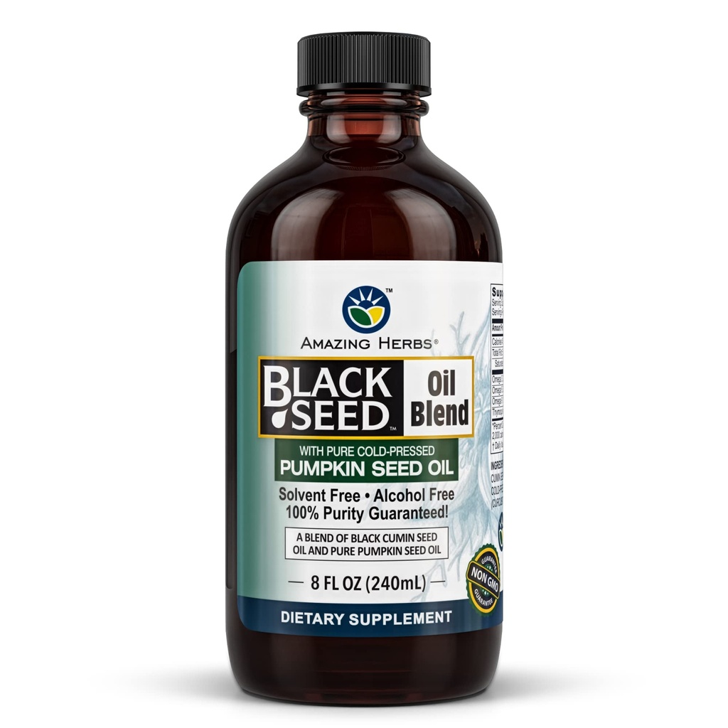 Herbs Asombroso Semillas Negras y Pumpkin Semilla Cold-Presed Oil Blend - Sin gluten, Sin Preservadores, Alto en Omega 3, 6, &amp; 9, mejora Immune Respones " promueve la salud digestiva - 8 Fl Oz
