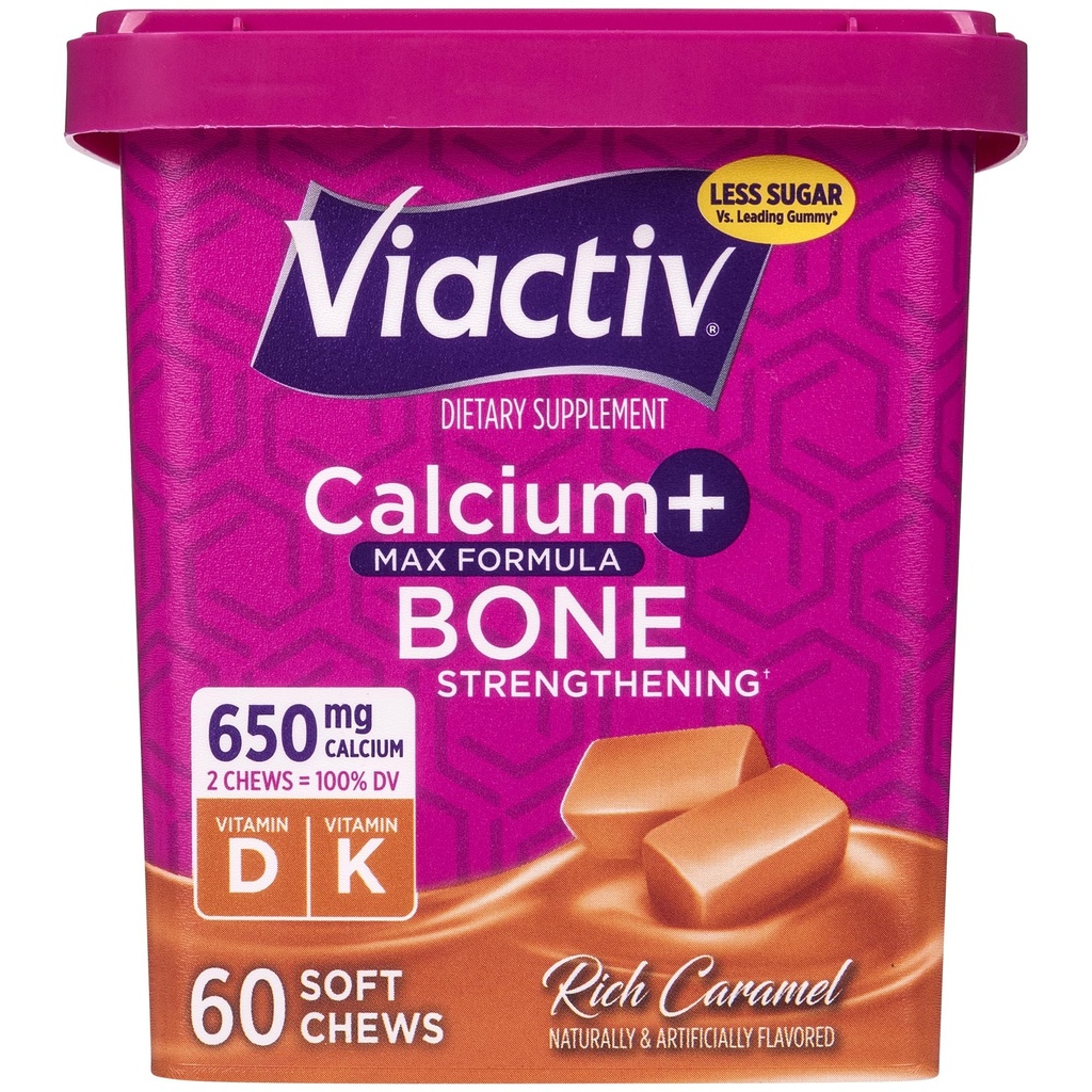 Calcio Viactiv + Vitamina D Suplemento Mandíbulas Suaves para Hombres Mujer - Calcio Chewable para Soporte de Salud de Hueso, 650 mg por Serving, Vitamina D &amp; K para Absorción Alta - 60 Cuenta, Caramel