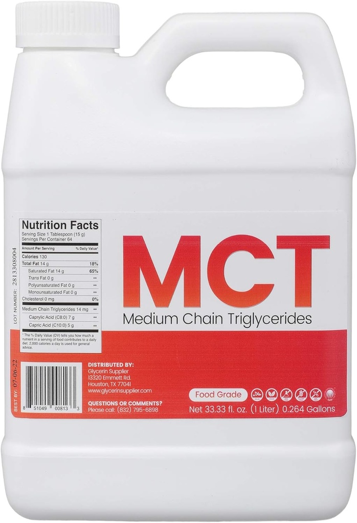 Glicerina Proveedor MCT Oil - 1 Liter (33.33 Oz.) Grado alimenticio - No GMO - Halal - Vegan - Derrame de palma sostenible - para Tinturas, Nutrición Deportiva, Keto o Paleo Diet, Energía Limpia