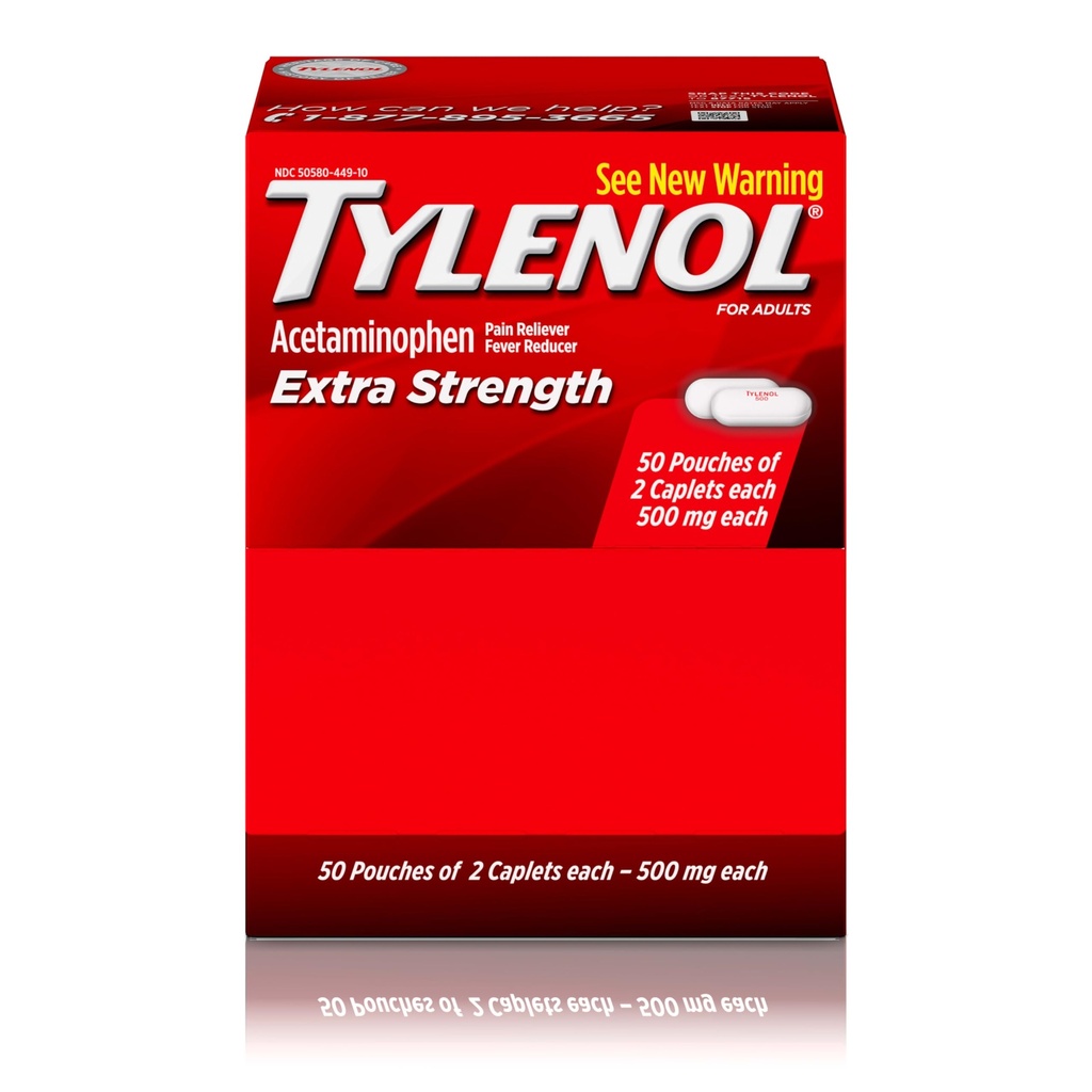 Tylenol Extra Strength Acetaminophen Caplets, 500 mg, Pain Relief & Fever Reducer para dolor de cabeza, Backache, Toothache, Menstrual Cramps & Pain, Travel-Friendly Packaging, 2-Caplet Pouches, 50 Condes