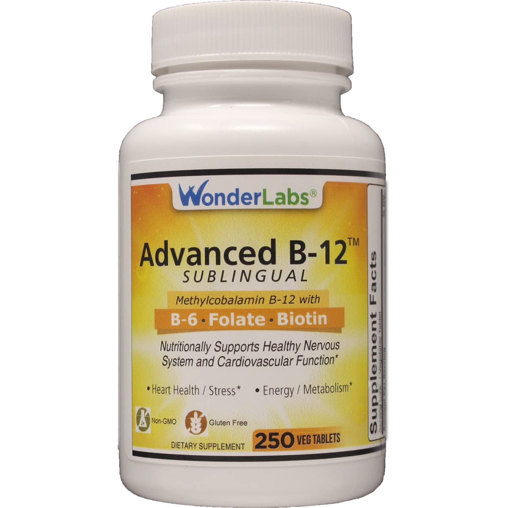 Wonder Laboratories Sublingual Vitamina B12 (1000 mcg), B6 (5mg), Folic Acid(400 mcg) & Biotin (25mcg) - Formulado con Metilcobalamina Vitamina B-12 (250 Tabletas)