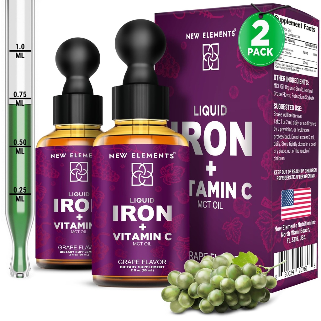 [2 Pack] Suplemento de hierro líquido con vitamina C – 18 mg de hierro &amp; 50 mg Vitamina C para el apoyo a la anemia – gotas de constructor de sangre para hombres de mujeres – Absorción rápida, botas de energía e inmunidad – Vegan, no GMO