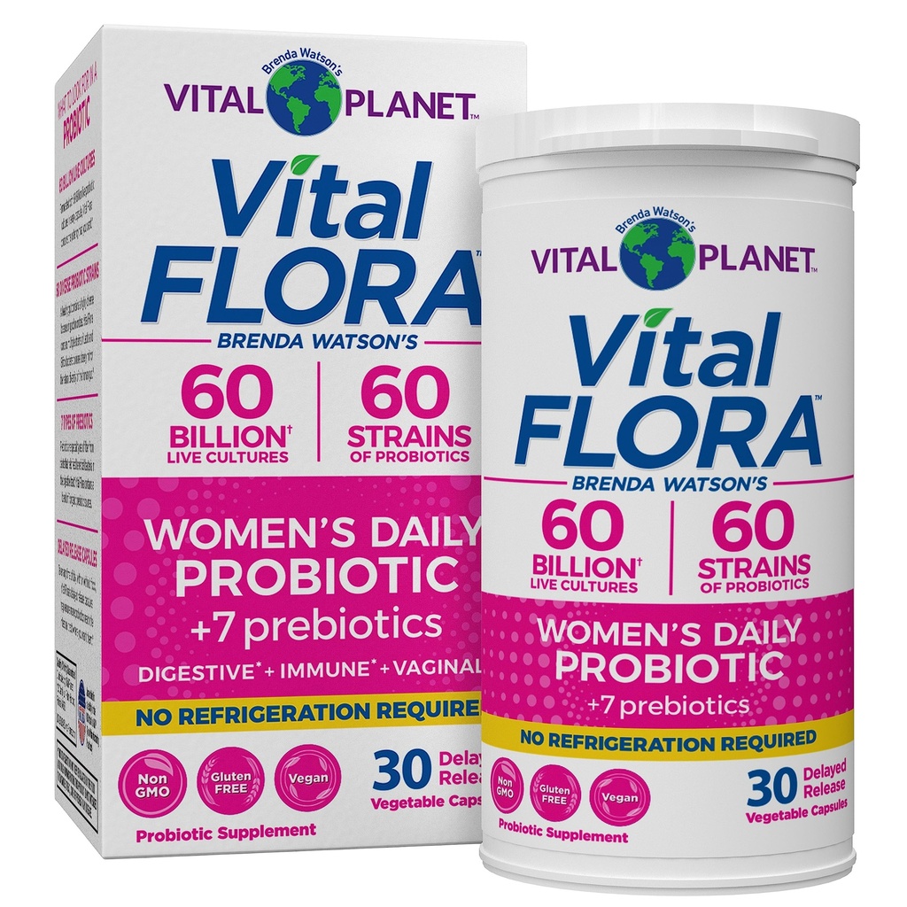 Planeta Vital - Probióticos de Flora Vital para Mujeres 60 Billones CFU, Strains Diversos, Estante diario Probiótico Estable con Prebióticos Orgánicos, para Apoyo Vaginal, Salud Inmune y Digestiva 30 cápsulas
