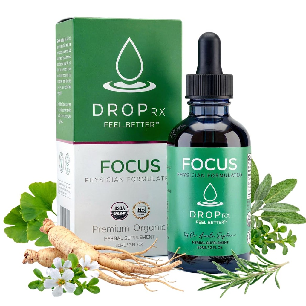 DropRx Focus by Dr. Nicole Saphier – Ginkgo Biloba & Ginseng, Bacopa, Rosemary &amp; Sage for Memory Improvement and Brain Focus – Orgánica, No GMO, Vegan, Sin gluten, Kosher, Made in USA (2 Fl Oz)