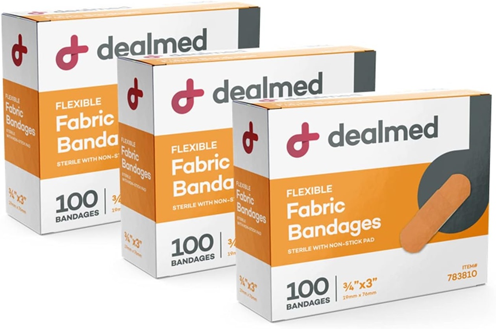 Bandajes de Adhesivo Flexible de Tejido Accionado – 100 Conde (3 Pack) Bandajes con Pad No-Stick, Latex Free, Cuidado de Heridas para el Kit de primeros auxilios, 3" x 3/4"