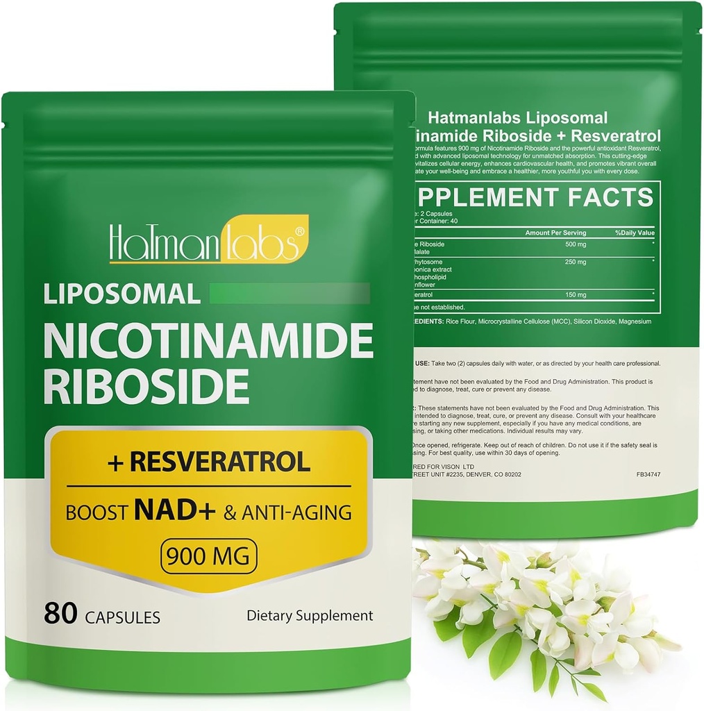 Suplemento NAD+ con Nicotinamide Riboside-Liposomal Nicotinamide Riboside 900Mg,High Purity Resveratrol NAD Suplemento para Anti-Aging,Energy,Focus-80 Capsules