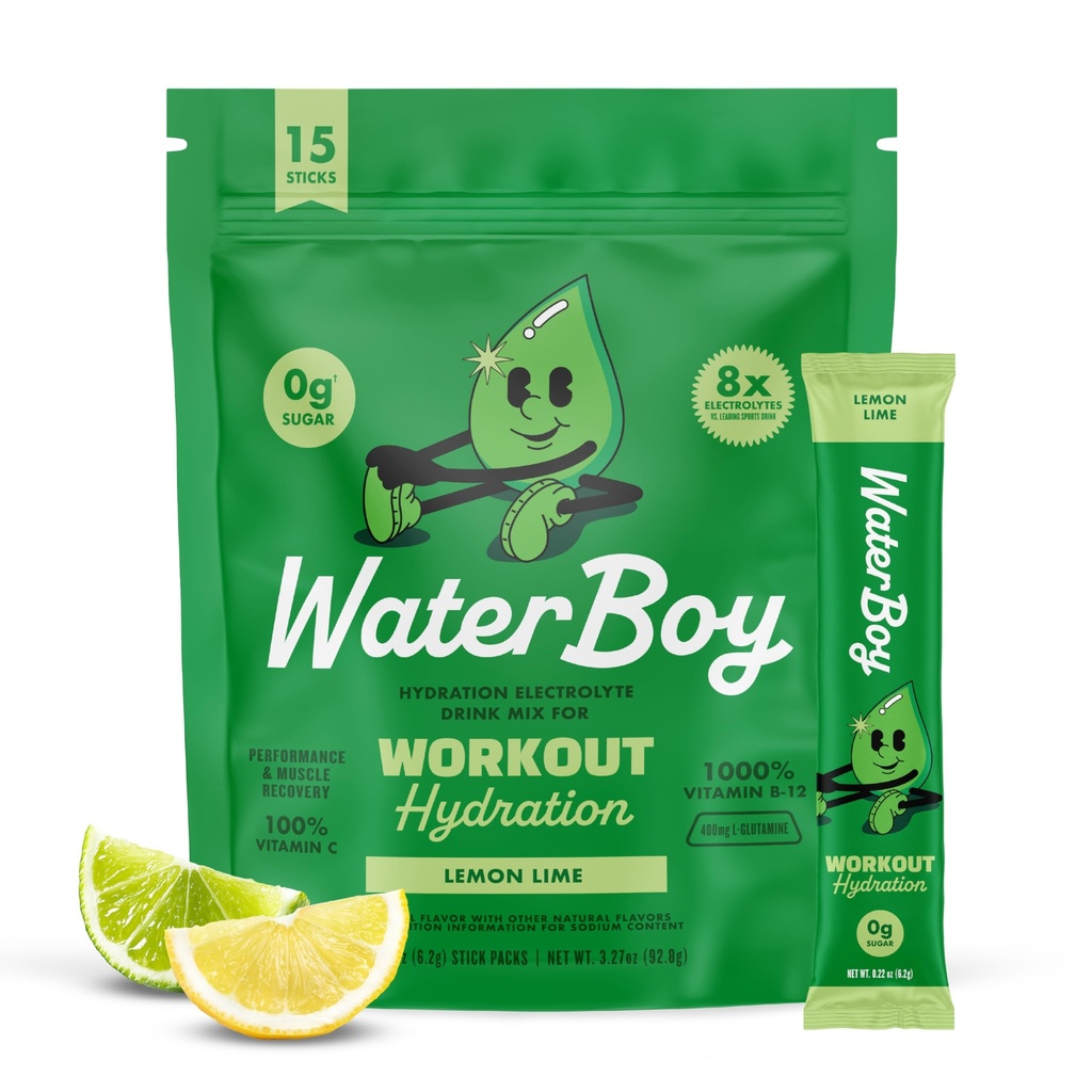 Waterboy Workout Hydration  2,960mg Sugar Free Electrolyte Powder Packets ← L-Glutamine + Vitaminas ← No Sugar, All Natural, Gluten Free ← 15 Bebidas Stick Mixes (Límina de limón)
