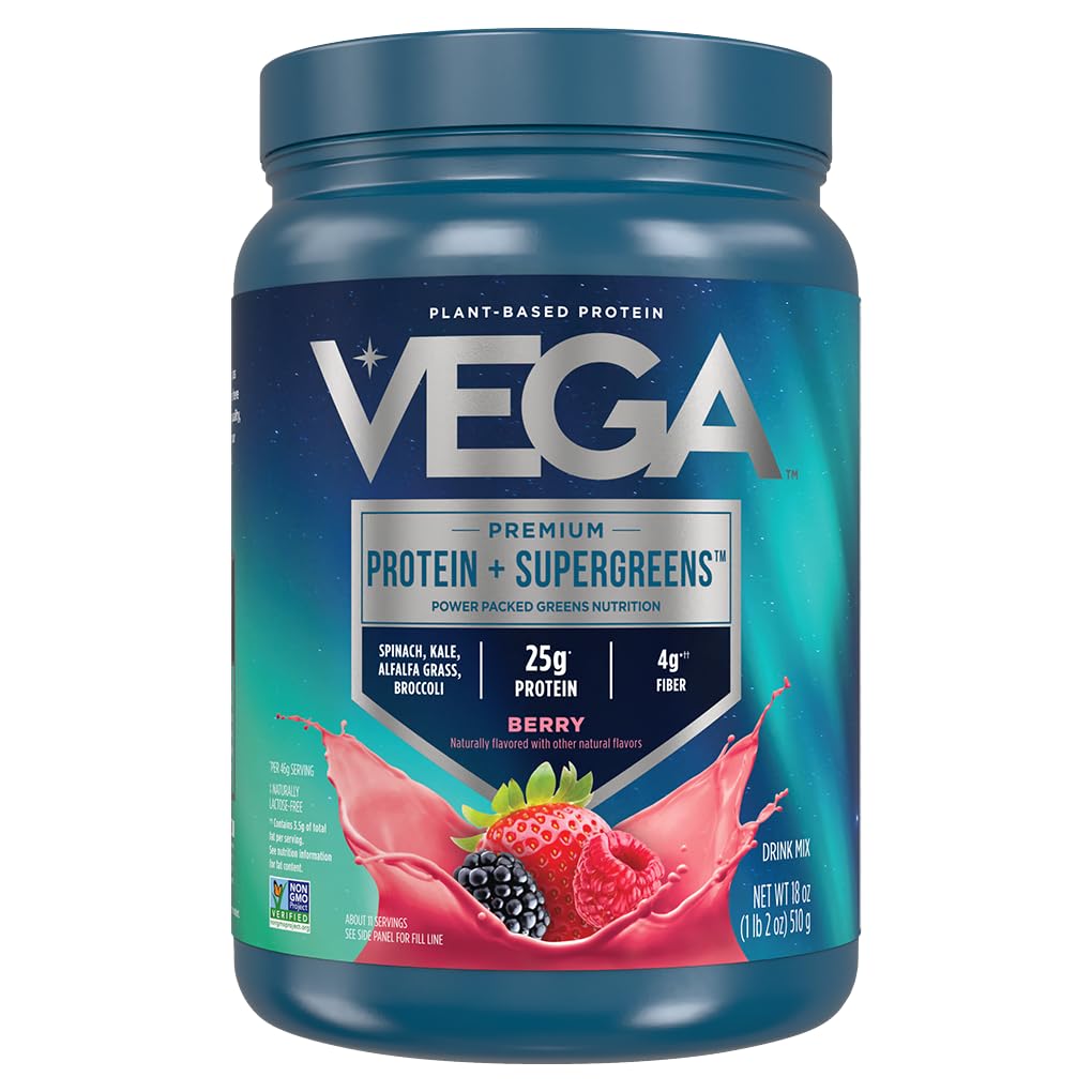 Vega Protein y Verdes Protein Powder mixto de Berry (11 servidos) 25g Protein vegetal con base de verduras, Vegan, No GMO, Pea Protein para Mujeres y Hombres, 1.2lbs