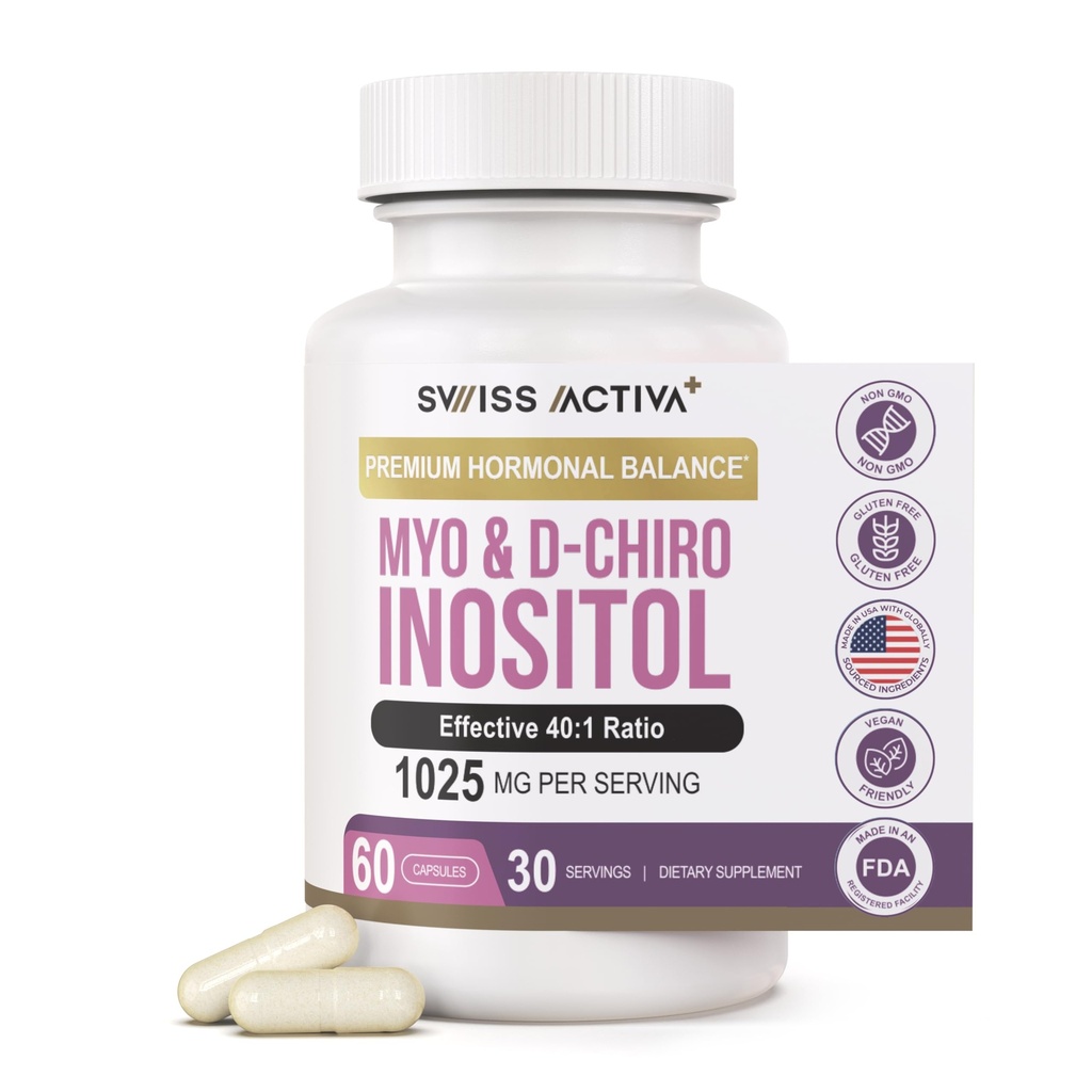 Swiss Activa+ Labs Myo Inositol Suplemento " D-Chiro Inositol Supplement - Premium Hormone Balance for Women " PCOS Supplements - Regulate Menstrual Cycle - Ovarian Support - 30 Days Supply