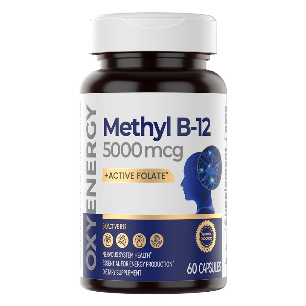OxyEnergy Methyl Vitamin B12 5000mcg, Extra Strength Methylcobalamin B-12 Suplementos con Folate, Support Nerves, Energy Metabolism & Cognitive,60 Capsules