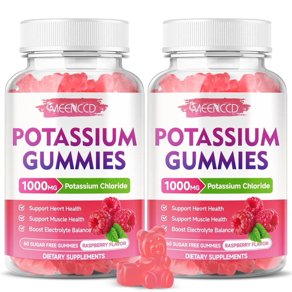 2 Pack Potasio Gummies, Potasio Chloride 1000mg para Adultos, Suplemento de Potasio Libre de Azúcar Gummies Apoyo Electrolyte Balance &amp; Leg Cramps for Women &amp; Men, Raspberry Flavor, 120 Condes