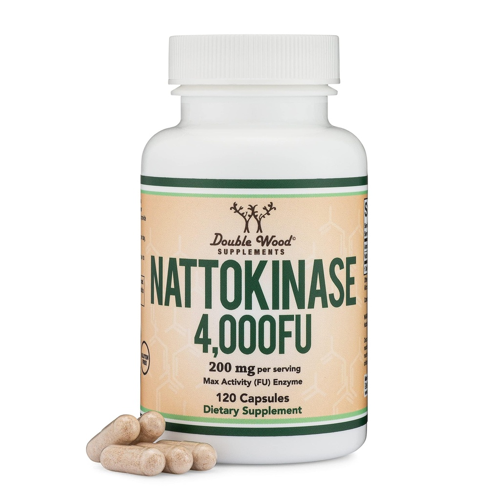 Nattokinase Suplemento 4,000 FU Servimientos, 120 Capsules (Derivado de Natto japonés) Enzimas sistémicos para soporte cardiovascular y circulatorio por madera doble