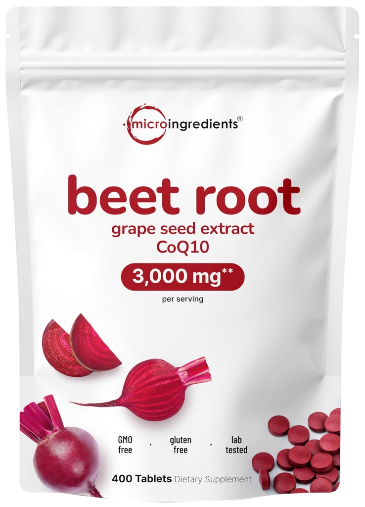 Beet Root 3000mg with Grape Seed Extract " CoQ10, 400 Tablets ← 200 Servings ← Super Beets Suplementos del extracto de Beetroot fresco para el óxido nítrico, presión arterial " Apoyo a la salud del corazón