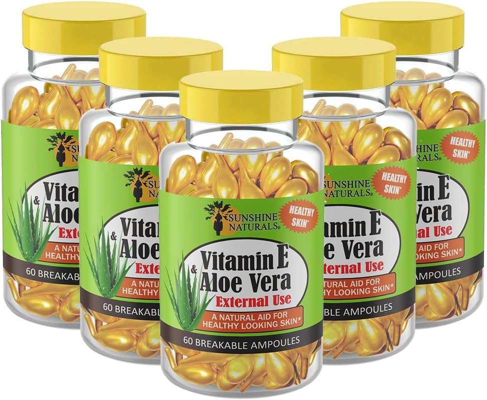 Sunshine Naturals Vitamina E y Aloe Vera Moisturizer. Fórmula hidratante para la piel seca, el alivio calmante, el nourishment y la elasticidad de la piel. Promueve la piel suave y saludable. 60 Viales. Pack de 5