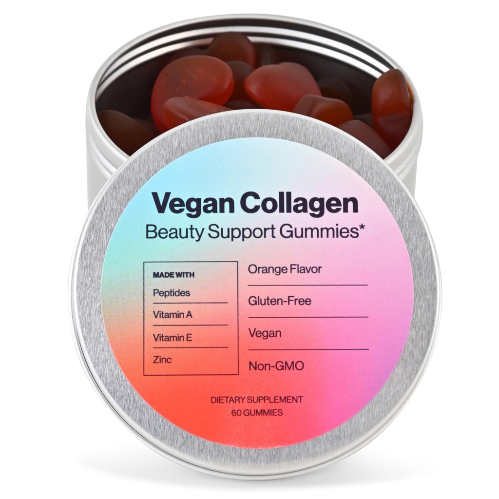 Soporte de belleza vegano Gummies Collagen Booster con Biotina, Vitamina C, A, E, Ácido Fólico y Más - 60 Gummies - Tin libre de plástico - Hecho con ingredientes naturales