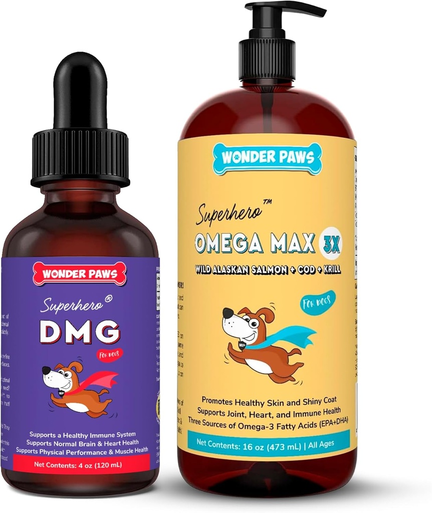 WONDER PAWS Premium DMG Liquid Plus Omega Max Fish Oil - for Dog's Immune Support, Skin, Allergies, Joint Care & General Health – DMG 4 Ounces - Omega Max 16 Ounces