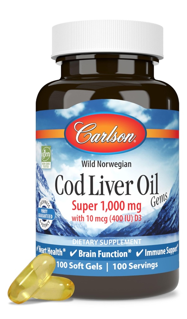 Carlson - Cod Liver Oil, Super 1000 mg + Vitaminas A & D3, Wild Norwegian, Sustentably Sourced, 100 Softgels
